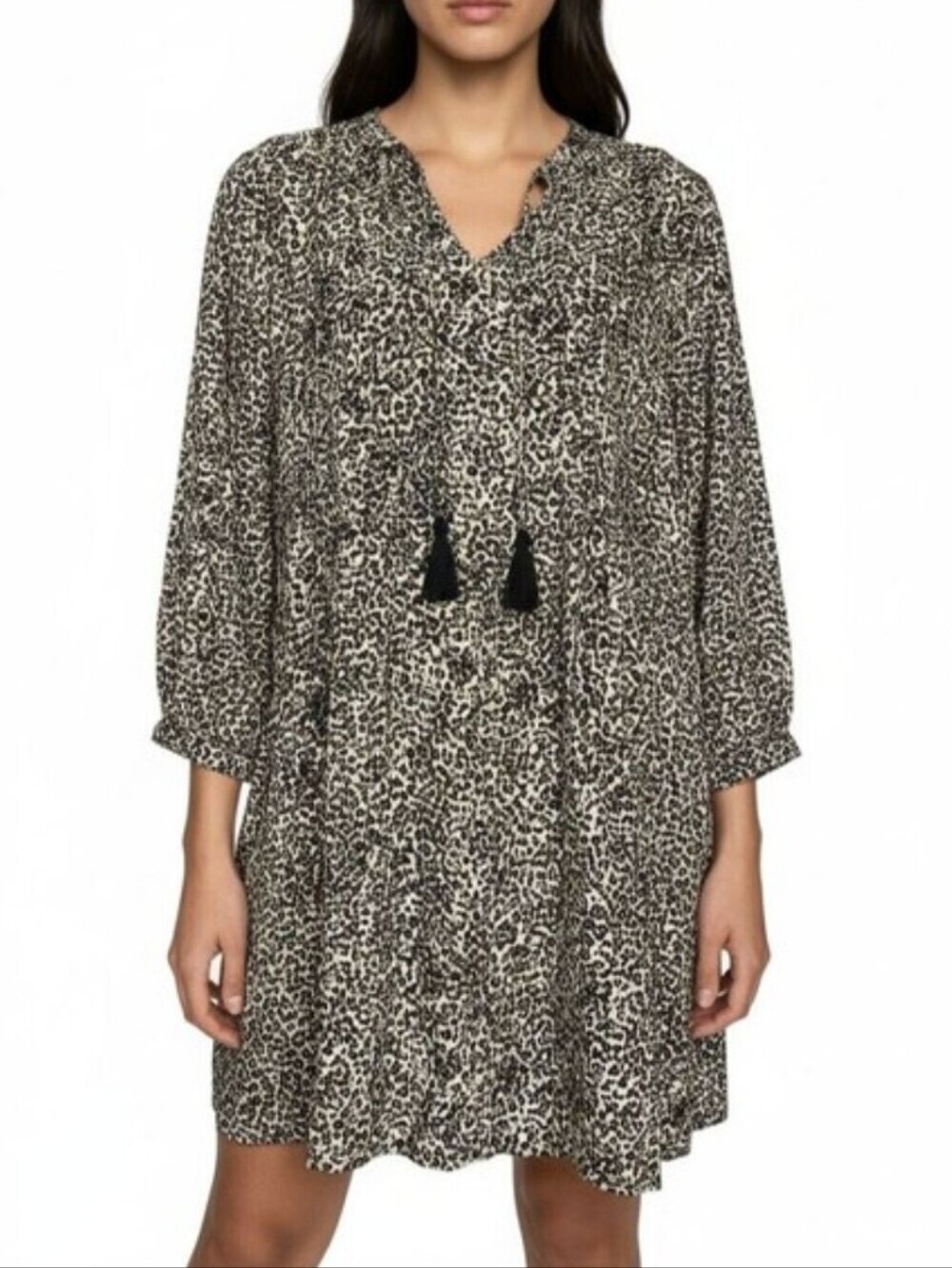 Old Navy Leopard Print Boho Tassel Pleated Long Sleeve Swing Mini Dress, S